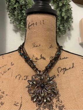 Chico's Multi-Strand Bronze Flower Pendant Necklace with Iridescent Glass Beads